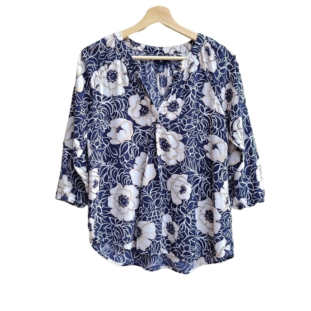 GAP Blue White Lightweight Floral Tunic Blouse XS Cotton Coastal Grandmillennial